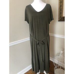 NWT Ava & Viv Size X Olive Green Maxi Midi Dress Short Sleeve Belted